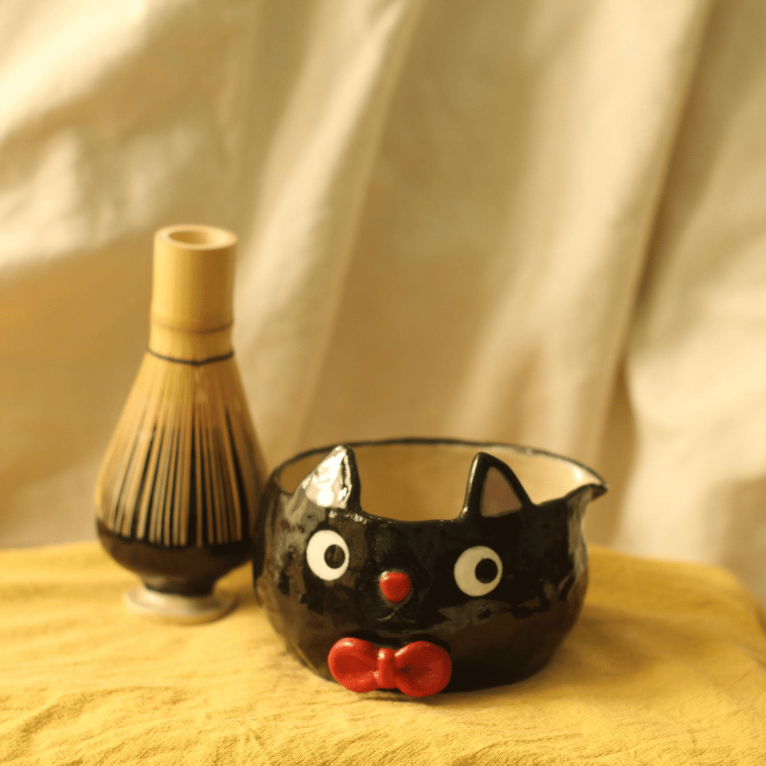 Cute Black Cat Handmade Ceramic Matcha Bowl