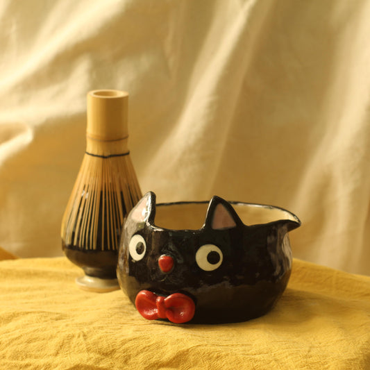 Cute Black Cat Handmade Ceramic Matcha Bowl