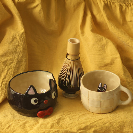 Cute Black Cat Handmade Ceramic Matcha Bowl